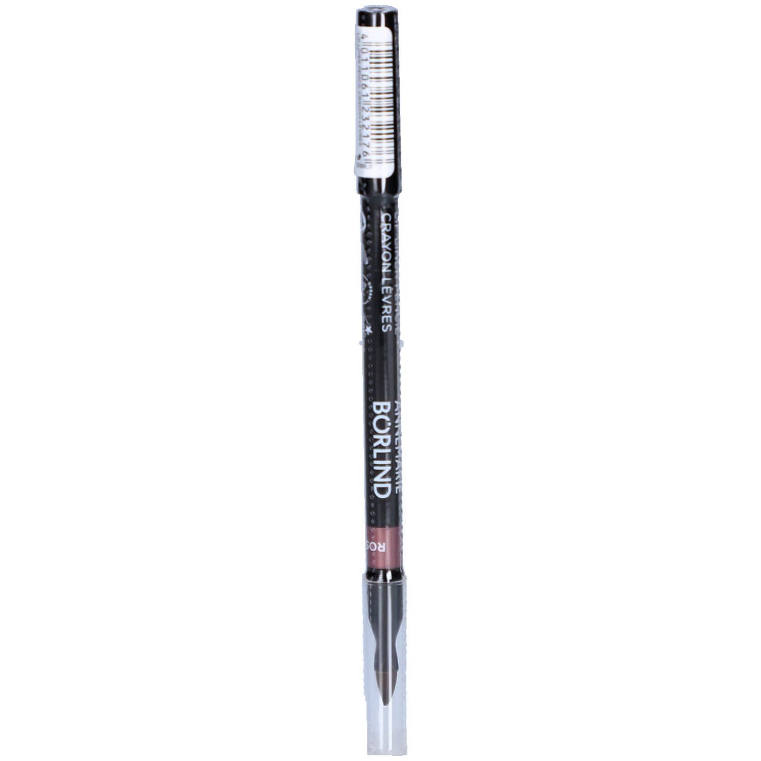 Crayon contour des lèvres marron foncé avec extrémité rose. Crayon noir avec texte blanc. Marque BÖRLIND.