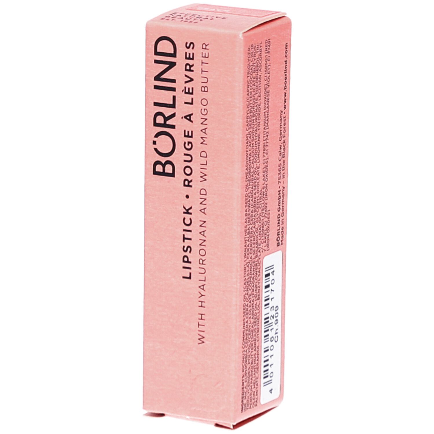Rosa Lippenstift-Verpackung. Schriftzug: BÖRLIND, LIPSTICK ROUGE À LÈVRES, mit Hyaluron und Mango Butter. Code und Barcode.