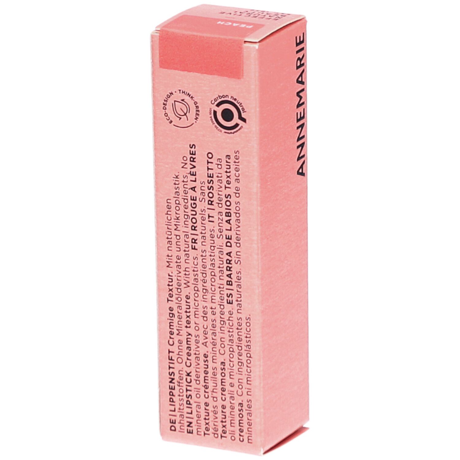 Rosa Lippenstift-Verpackung. Schriftzug: ANNEMARIE, PEACH. Text in Deutsch, Englisch, Französisch und Italienisch.