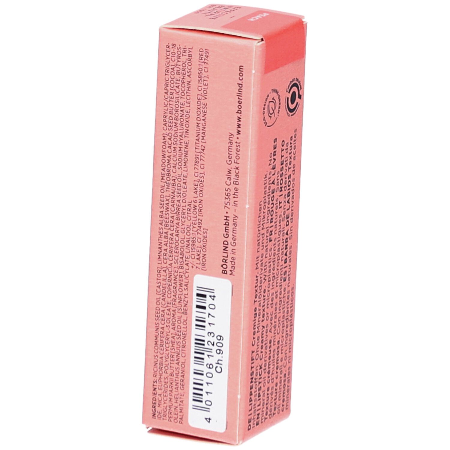 Rosa Lippenstift-Verpackung. Inhaltsstoffe und Herstellerinformationen. Barcode und Code.