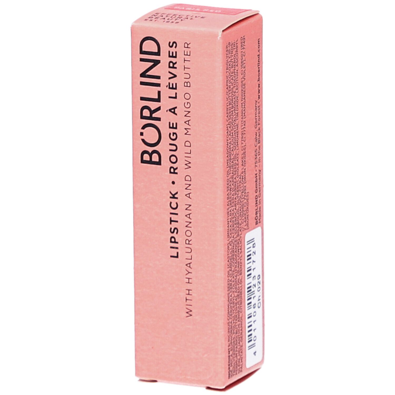 Emballage en carton rose. Inscriptions: BÖRLIND, Rouge à Lèvres, avec Hyaluron et Beurre de Mangue Sauvage. Détails du produit.
