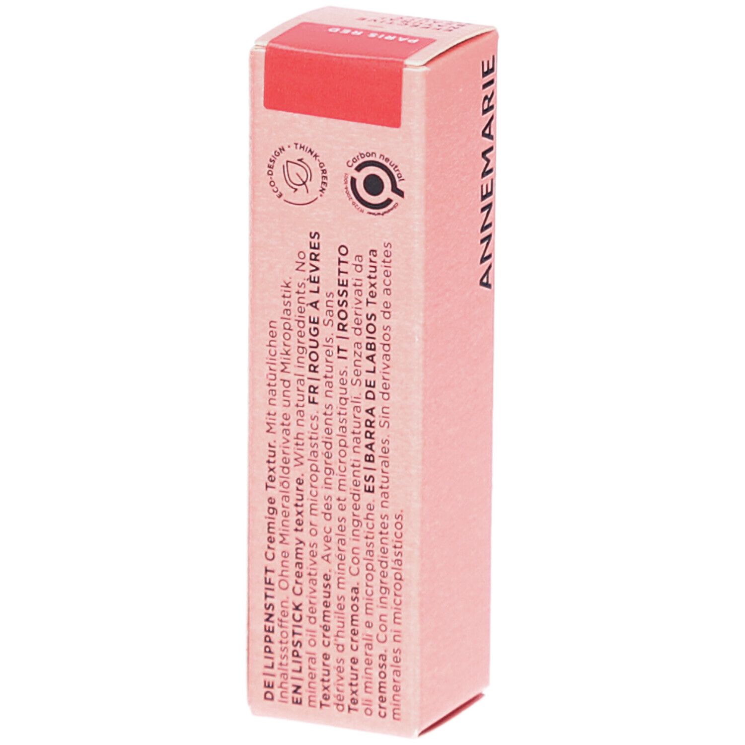 Emballage en carton rose avec texte. Inscriptions: ANNEMARIE, DE Lippenstift Textur crémeuse. FR Rouge à Lèvres texture crémeuse. IT Rossetto.