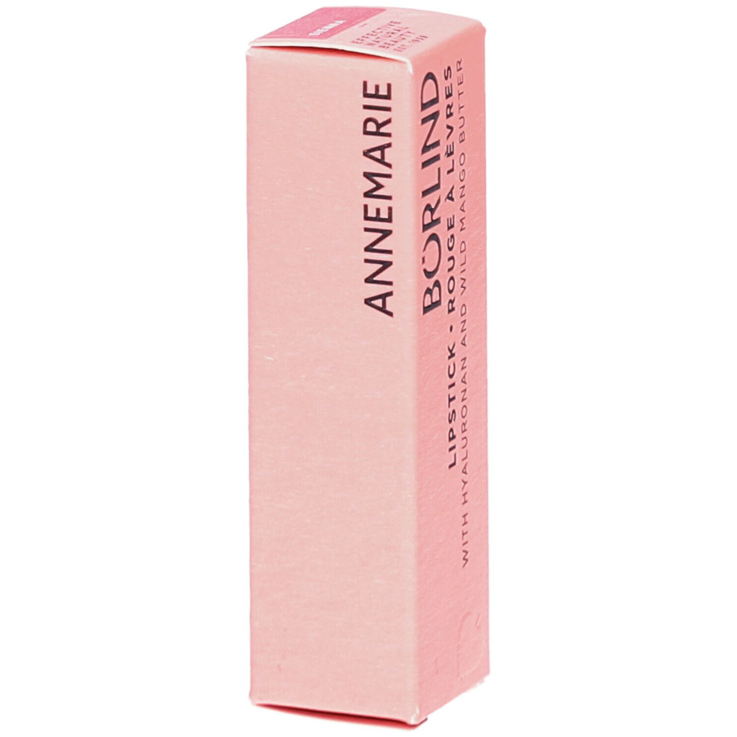 Rosa Lippenstift-Verpackung. Schriftzug: ANNEMARIE BÖRLIND, LIPSTICK ROUGE À LÈVRES, mit Hyaluron und Wild Mango Butter.