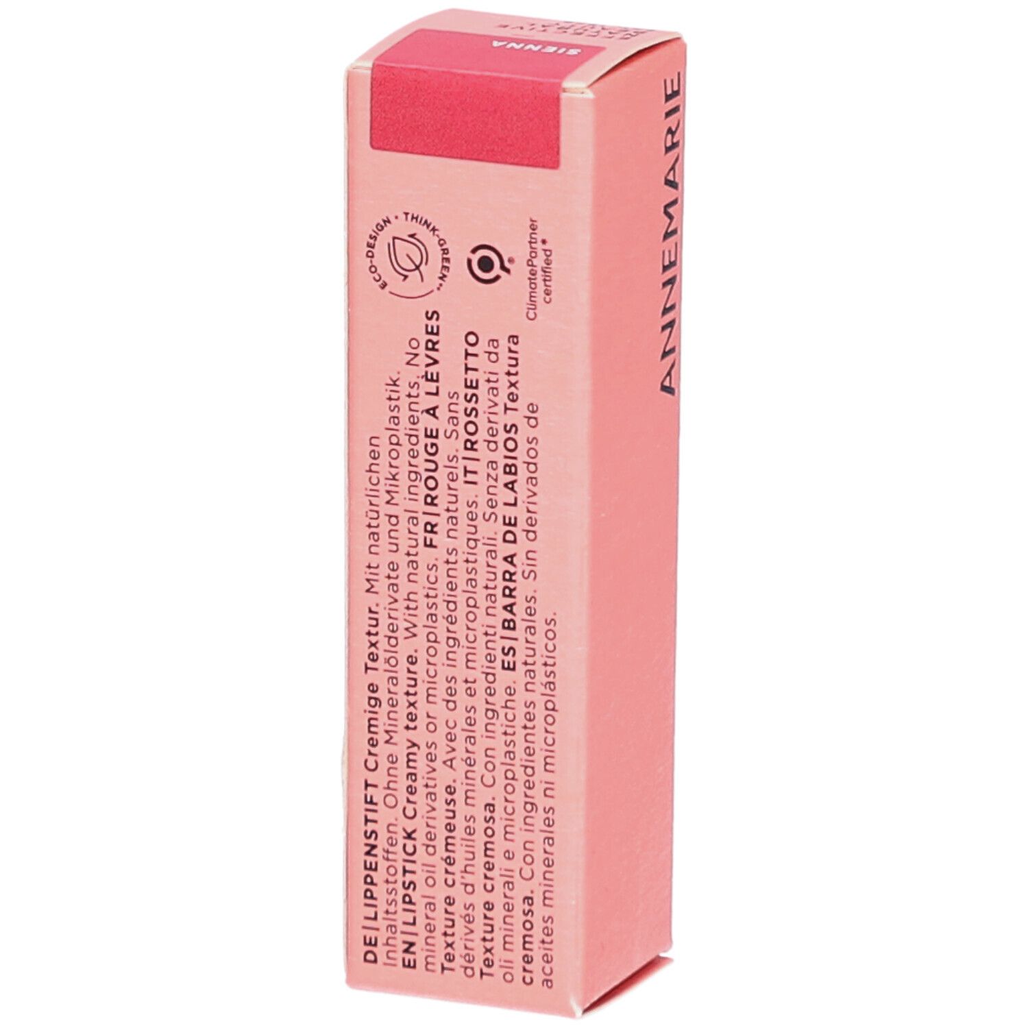 Rosa Lippenstift-Verpackung. Text: DE LIPPENSTIFT Cremige Textur. Inhaltsstoffe. Ohne Mineralölderivate.