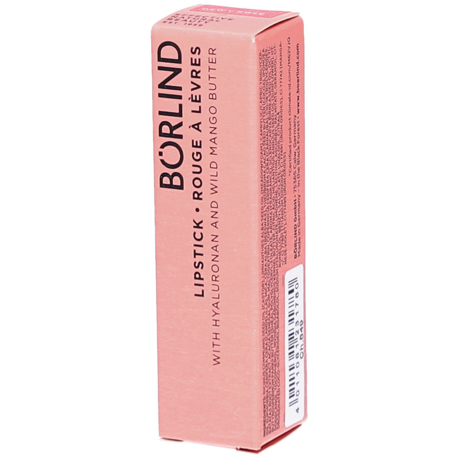 Rosa Lippenstift-Verpackung. Schriftzug: BÖRLIND, Lippenstift, Rouge à Lèvres, mit Hyaluron und Wild Mango Butter. Barcode.