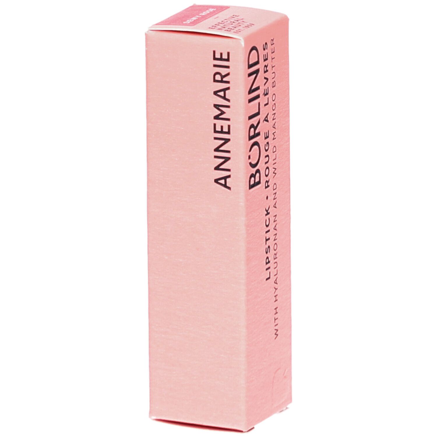 Rosa Lippenstift-Verpackung. Schriftzug: ANNEMARIE BÖRLIND, Lippenstift, Rouge à Lèvres, mit Hyaluron und Wild Mango Butter.
