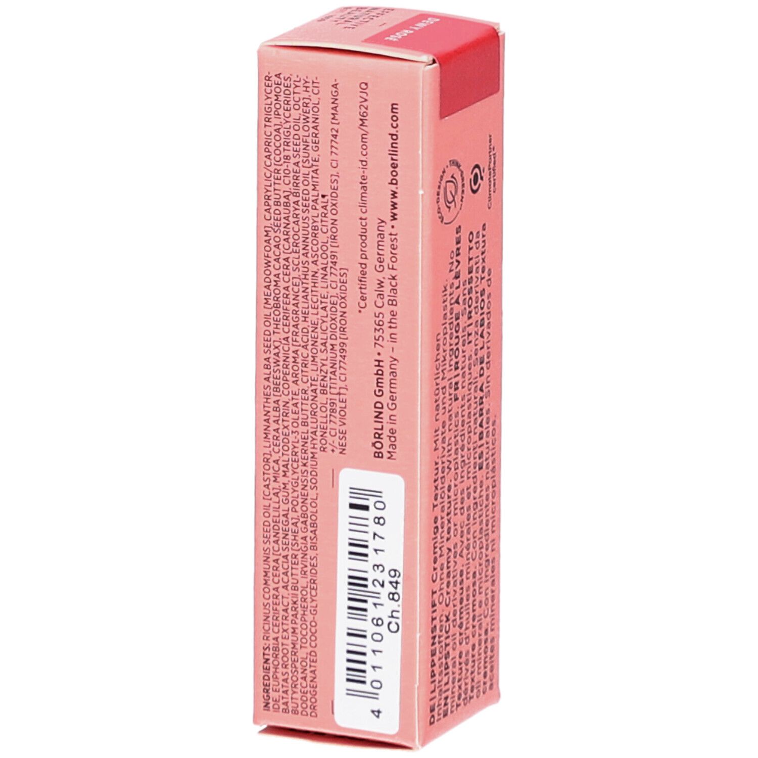 Rosa Lippenstift-Verpackung. Text: Inhaltsstoffe. BÖRLIND GmbH, 75365 Calw, Germany. Made in Germany. Barcode.