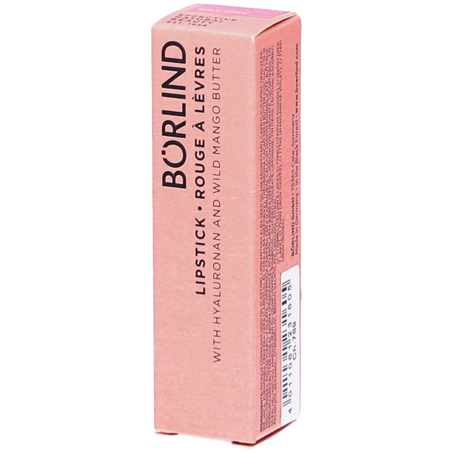 Emballage de rouge à lèvres BÖRLIND rose. Inscription: LIPSTICK ROUGE À LÈVRES, Hyaluron et beurre de mangue sauvage. Marque visible.