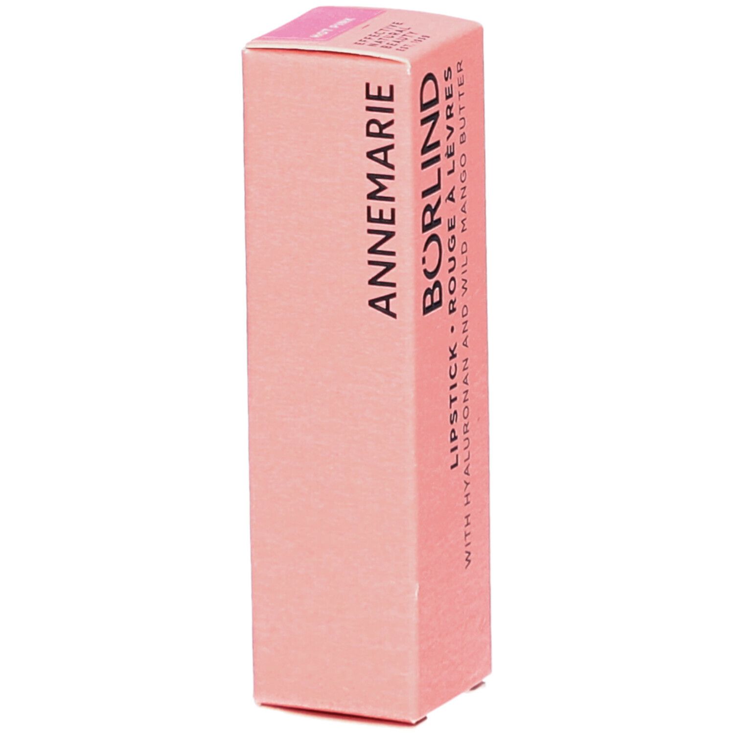 Emballage de rouge à lèvres rose. Inscription: ANNEMARIE BÖRLIND LIPSTICK ROUGE À LÈVRES, Hyaluron et beurre de mangue sauvage. Marque visible.