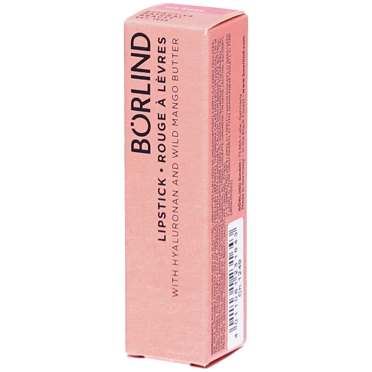 Rosa Lippenstift-Verpackung. Schriftzug: BÖRLIND, LIPSTICK ROUGE À LÈVRES, mit Hyaluron und Wild Mango Butter. Aufdruck mit Inhaltsstoffen.