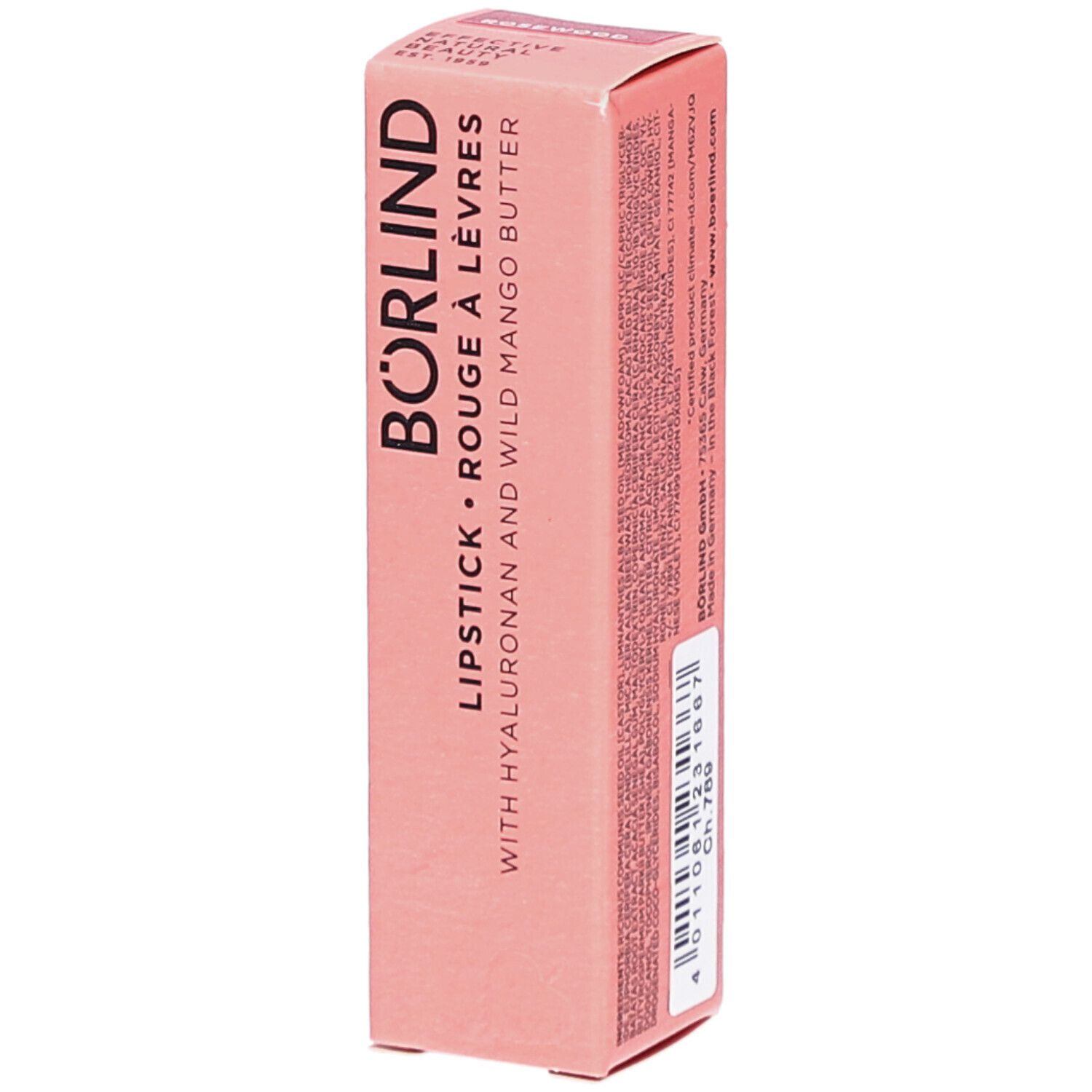 Emballage de rouge à lèvres rose. Inscription : BÖRLIND, ROUGE À LÈVRES, avec acide hyaluronique et beurre de mangue. Code : Ch 789.