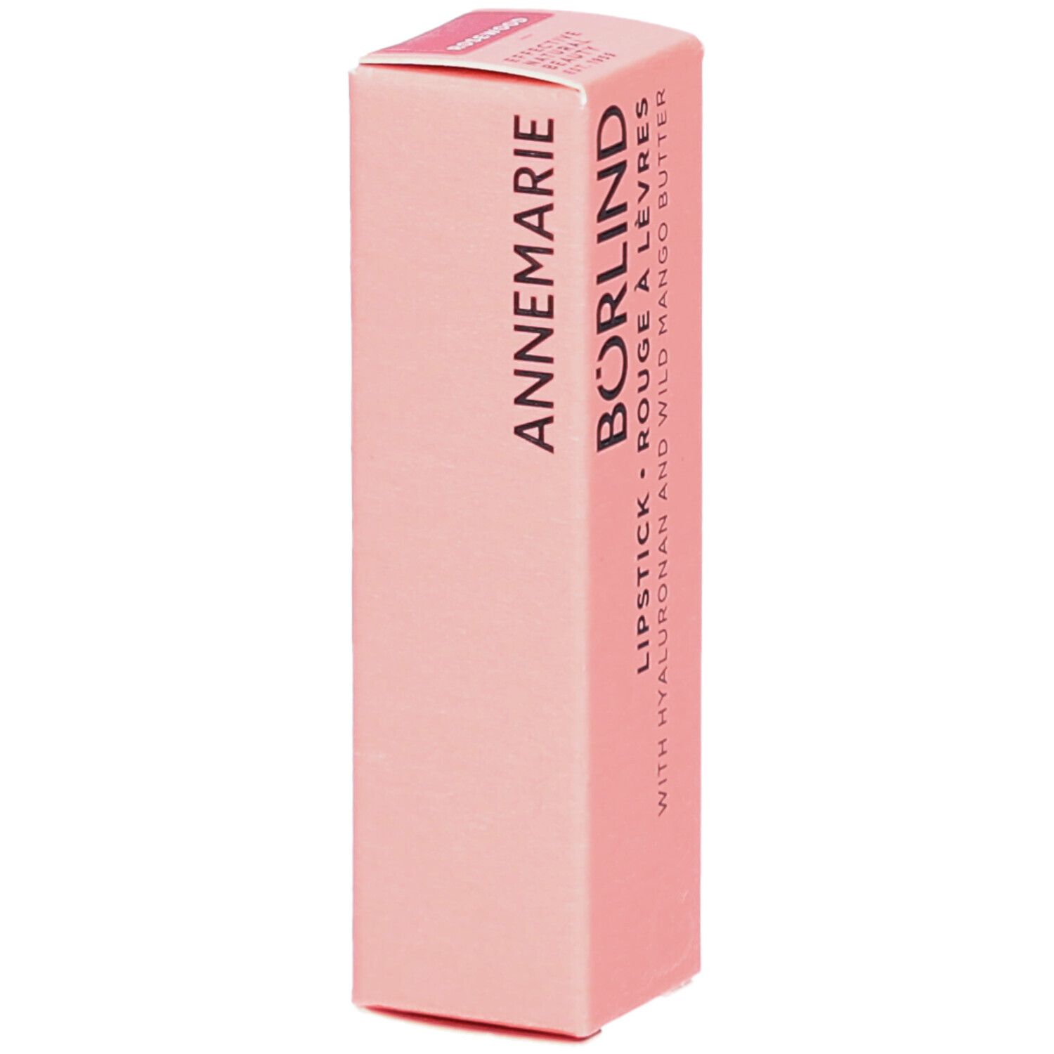 Emballage de rouge à lèvres rose. Inscription : ANNEMARIE BÖRLIND, ROUGE À LÈVRES, avec acide hyaluronique et beurre de mangue.