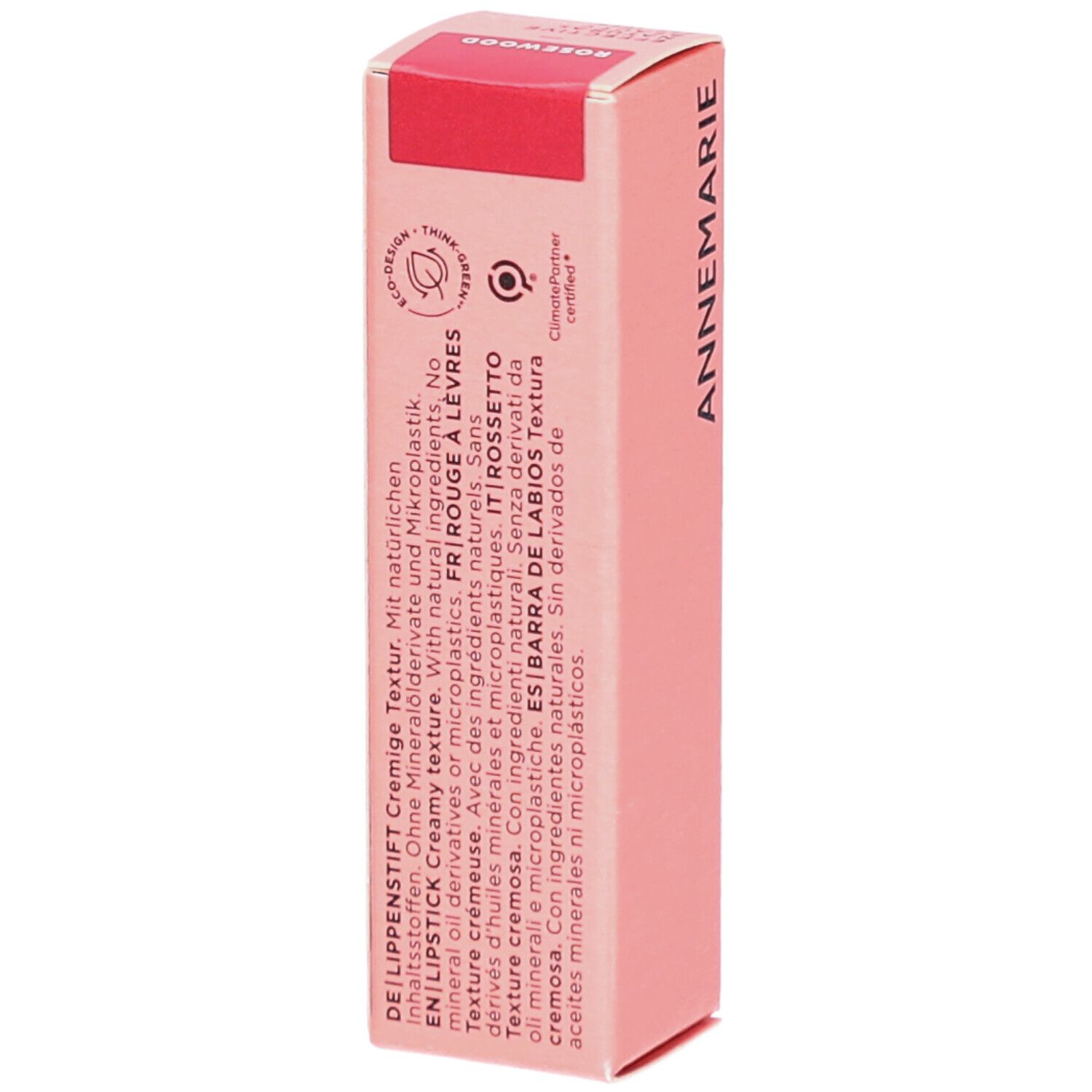 Emballage de rouge à lèvres rose. Inscription : Rosewood. Texture : Crémeuse. Certifications : Eco-Design, ClimatePartner.