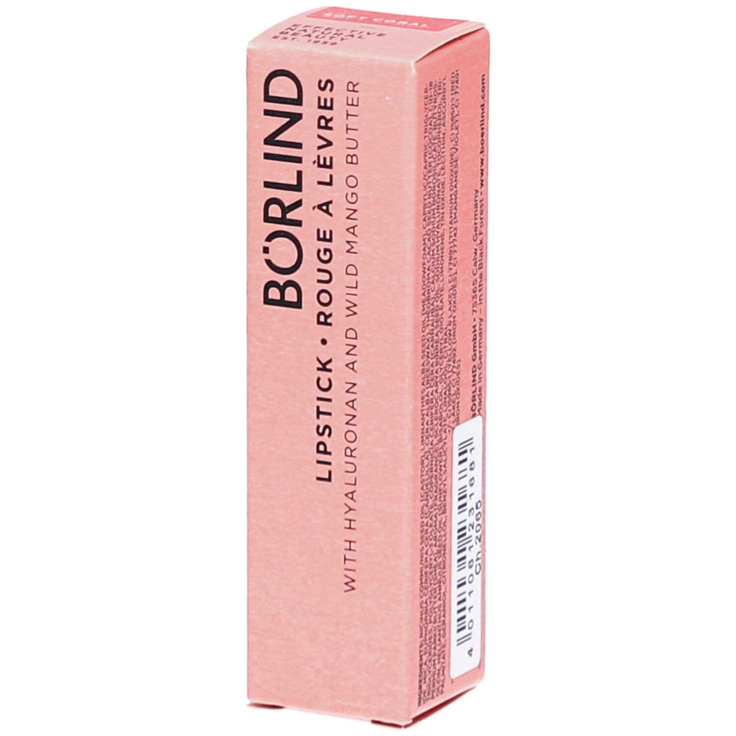 BÖRLIND Lippenstift-Verpackung. Rosa Karton mit Produktinformationen. Schriftzug: LIPSTICK ROUGE À LÈVRES.