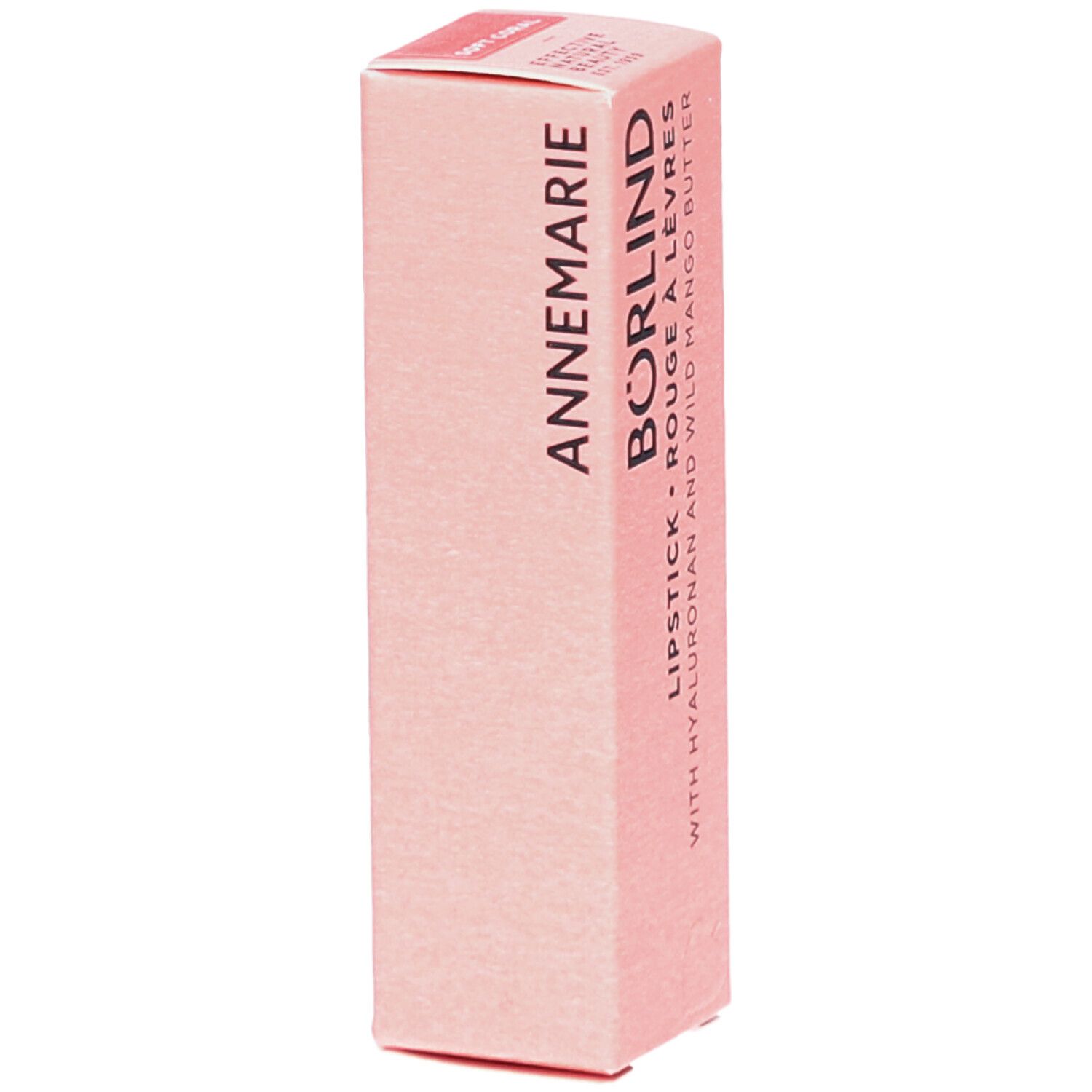 BÖRLIND Lippenstift-Verpackung. Rosa Karton mit Produktinformationen. Schriftzug: ANNEMARIE BÖRLIND.