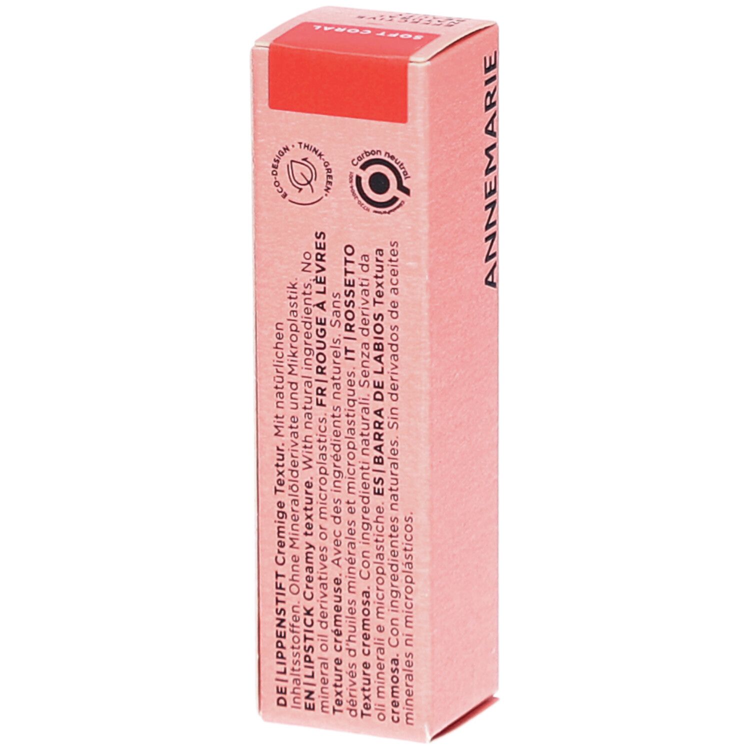 BÖRLIND Lippenstift-Verpackung. Rosa Karton mit Produktinformationen. Schriftzug: SOFT CORAL. Textur.