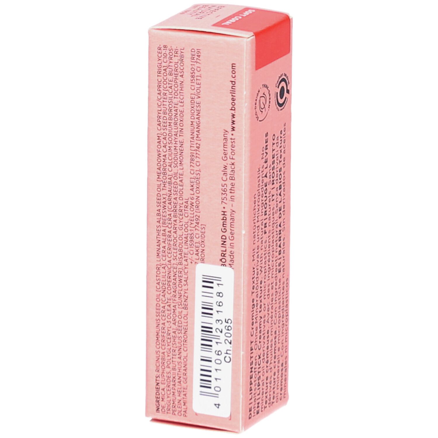 BÖRLIND Lippenstift-Verpackung. Rosa Karton mit Inhaltsstoffen und Herstellerinformationen. Text.