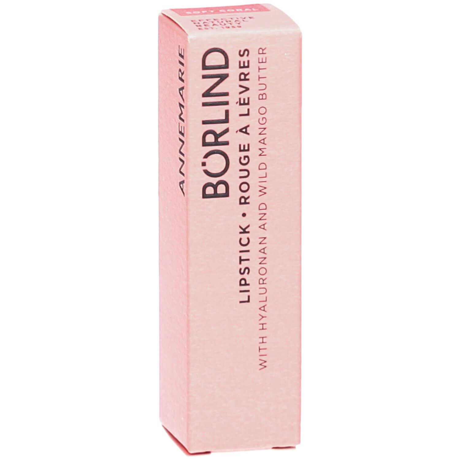 BÖRLIND Lippenstift-Verpackung. Rosa Karton mit Produktinformationen. Schriftzug: ANNEMARIE BÖRLIND. SOFT CORAL.