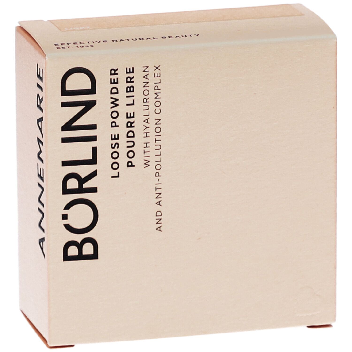 Boîte avec inscription ANNEMARIE BÖRLIND, LOOSE POWDER, POUDRE LIBRE, avec Hyaluron et Anti-Pollution Complex. Beige.