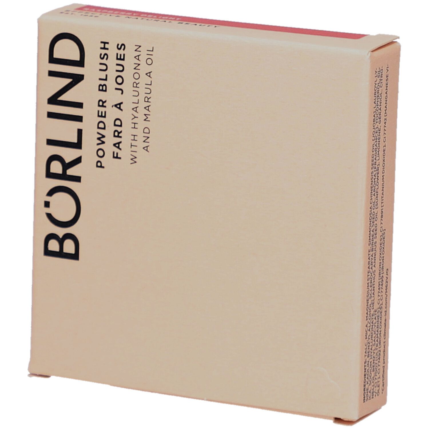 Beige Kartonverpackung. Aufschrift: BÖRLIND, Powder Blush, Fard à Joues, mit Hyaluron und Marulaöl.