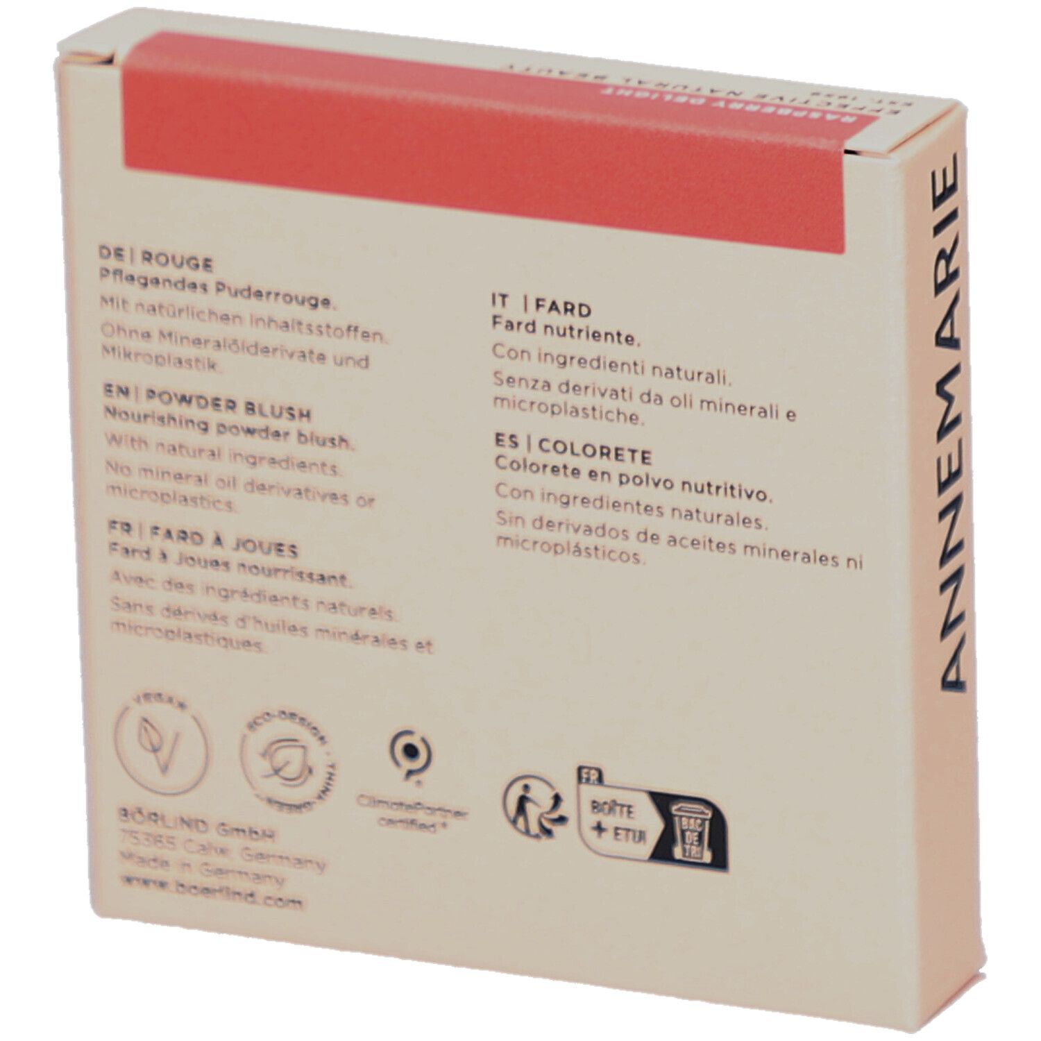 Rückseite der Kartonverpackung. Text in Deutsch, Englisch, Französisch und Italienisch. Logos und Zertifizierungen.