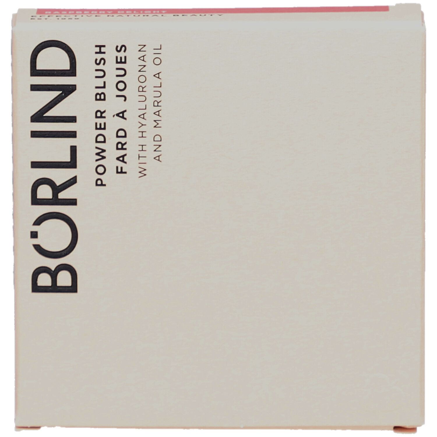 Kartonverpackung, Draufsicht. Aufschrift: BÖRLIND, Powder Blush, Fard à Joues, mit Hyaluron und Marulaöl.