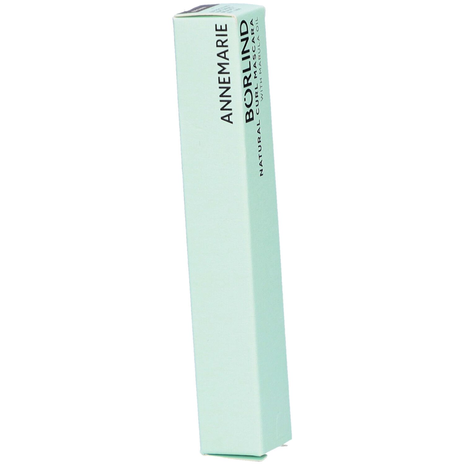 Emballage de mascara vert clair. Inscription: ANNEMARIE BÖRLIND NATURAL CURL MASCARA. Orientation verticale.