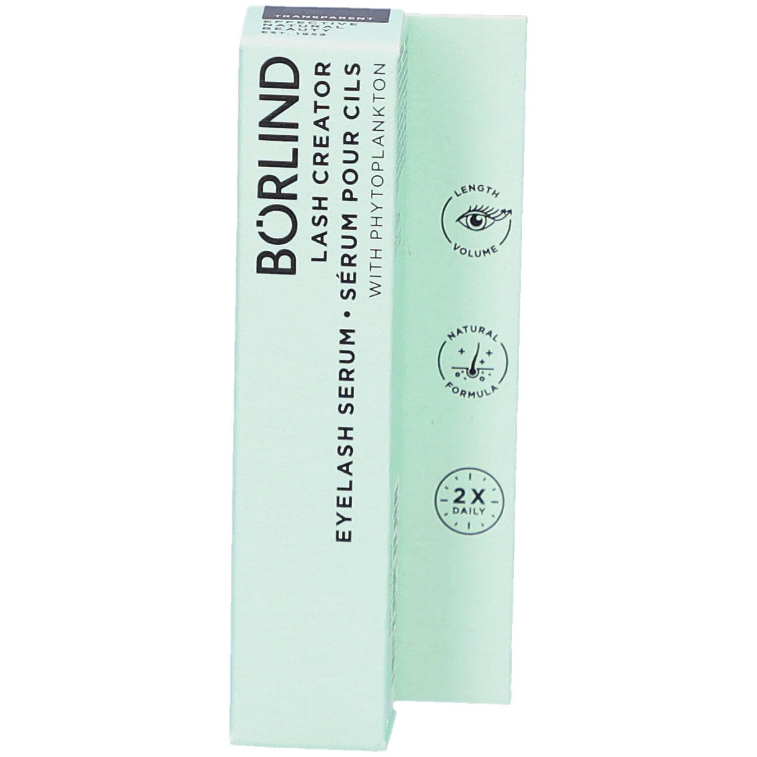 Boîte de sérum pour cils BÖRLIND. Emballage vert clair avec nom et logos. Contient 5ml.