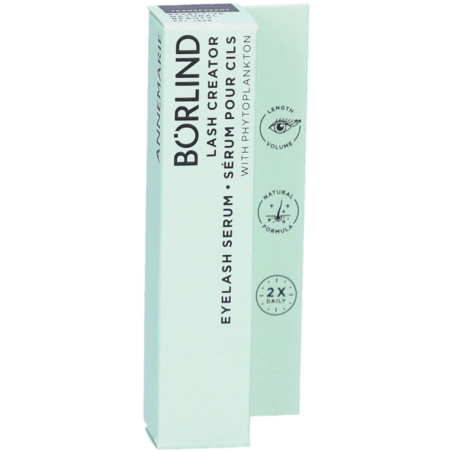 Boîte de sérum pour cils BÖRLIND. Emballage vert clair avec nom et logos. Marque: Annemarie Börlind.