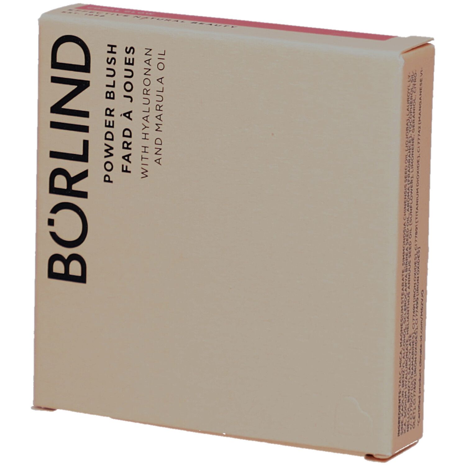 Boîte en carton avec le nom BÖRLIND. Inscription : Powder Blush, Fard à Joues, avec Hyaluronan et huile de Marula. Beige et rose.