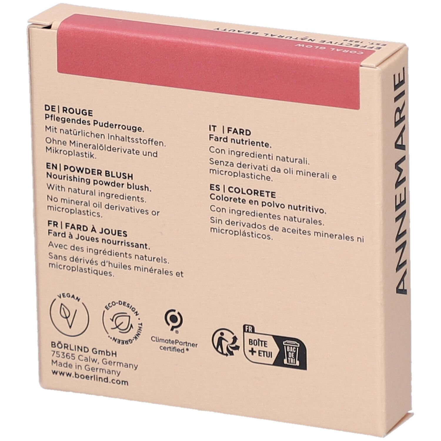 Dos de la boîte en carton. Texte en allemand, anglais, français, italien et espagnol. Logos : Vegan, Eco-Design, ClimatePartner.