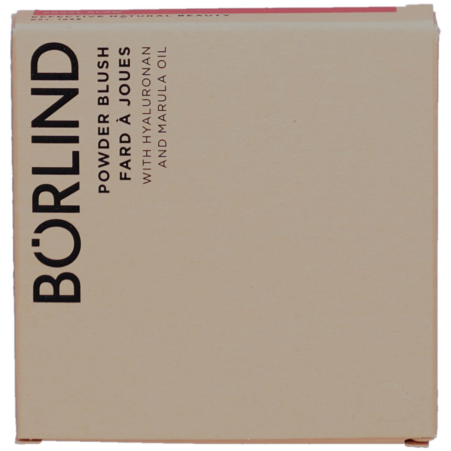 Boîte en carton avec le nom BÖRLIND. Inscription : Powder Blush, Fard à Joues, avec Hyaluronan et huile de Marula. Beige et rose.