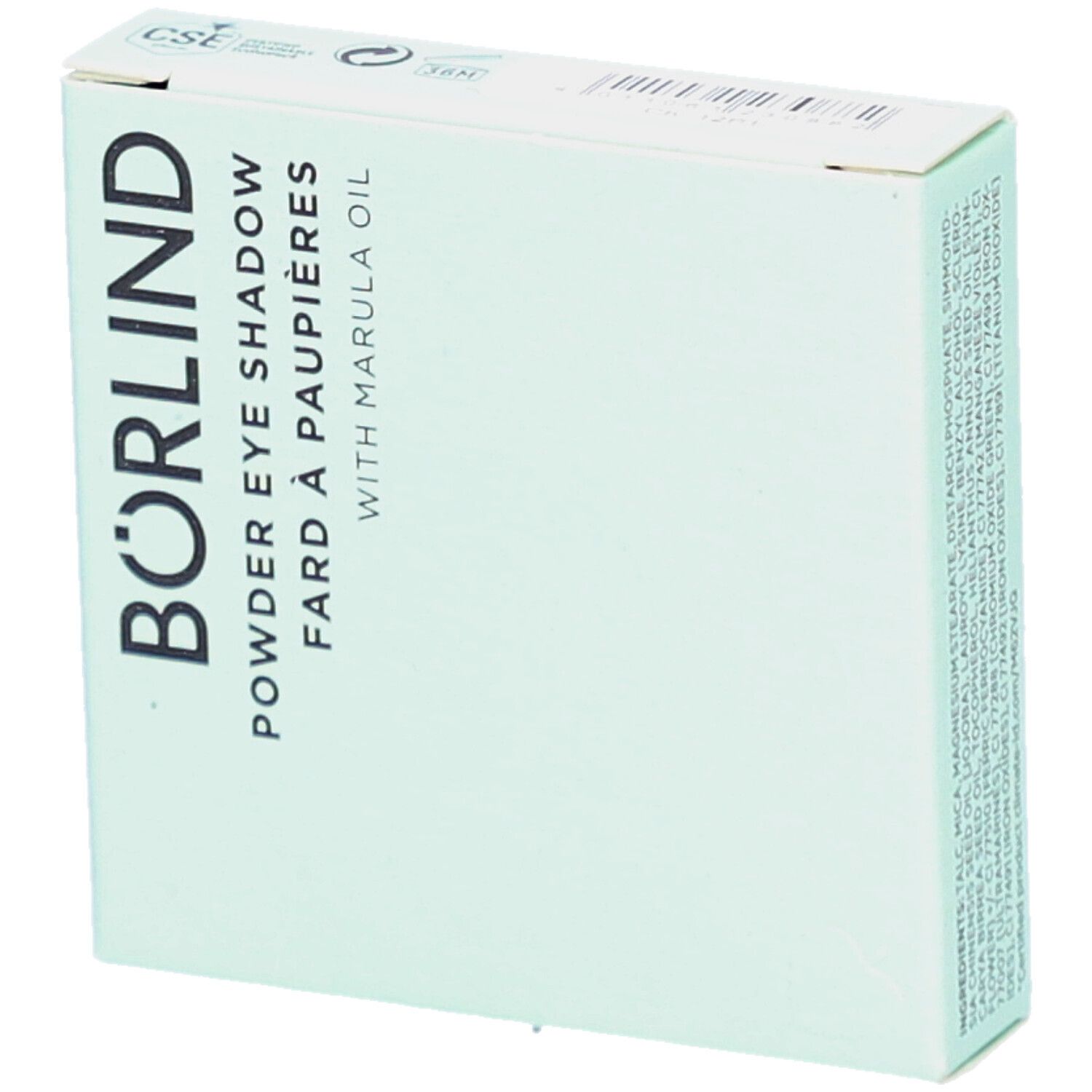 Hellgrüne Verpackung mit Schriftzug BÖRLIND. Produktbezeichnung: Powder Eye Shadow. Mit Marula Oil. Eckige Form.