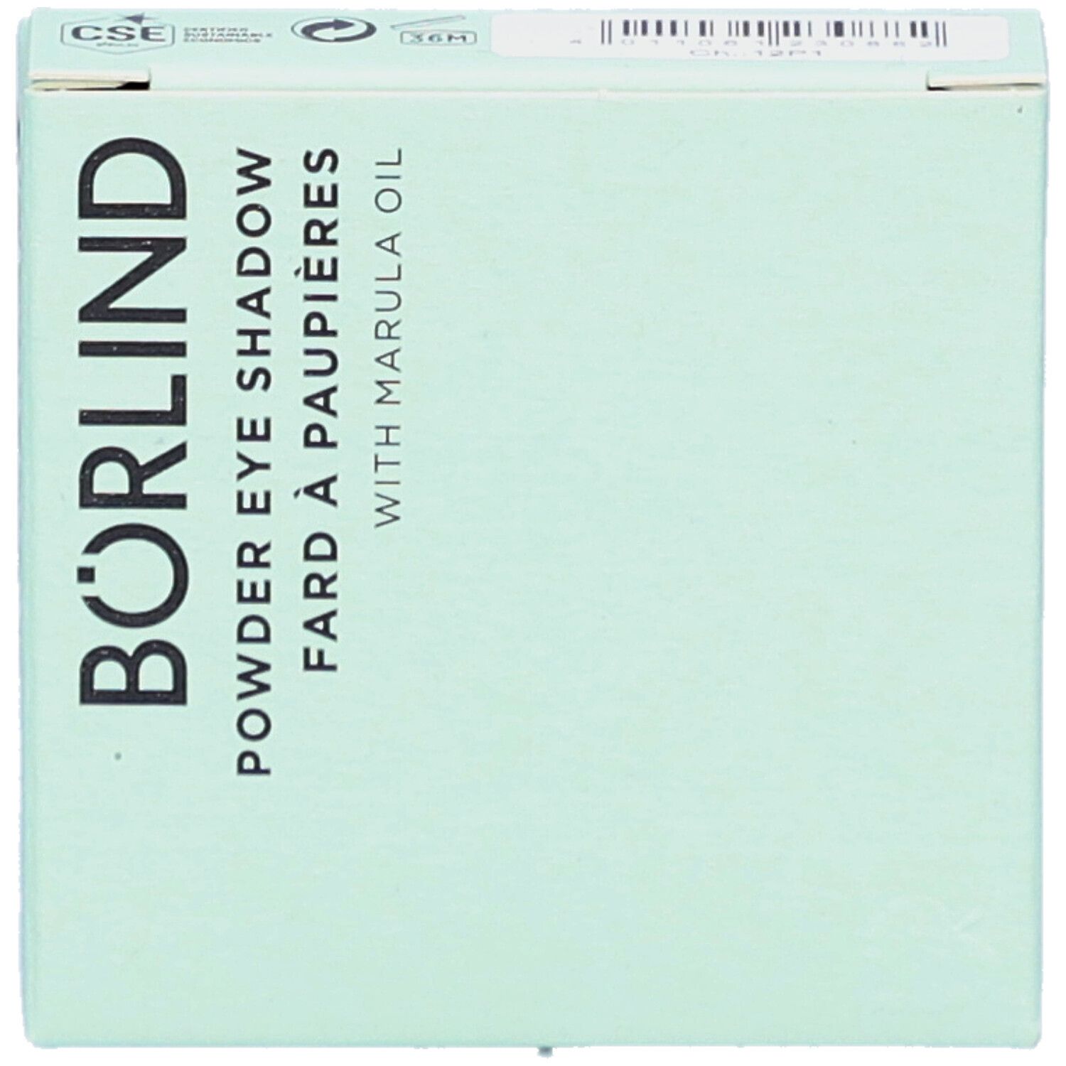 Hellgrüne Verpackung mit Schriftzug BÖRLIND. Produktbezeichnung: Powder Eye Shadow. Mit Marula Oil. Eckige Form.