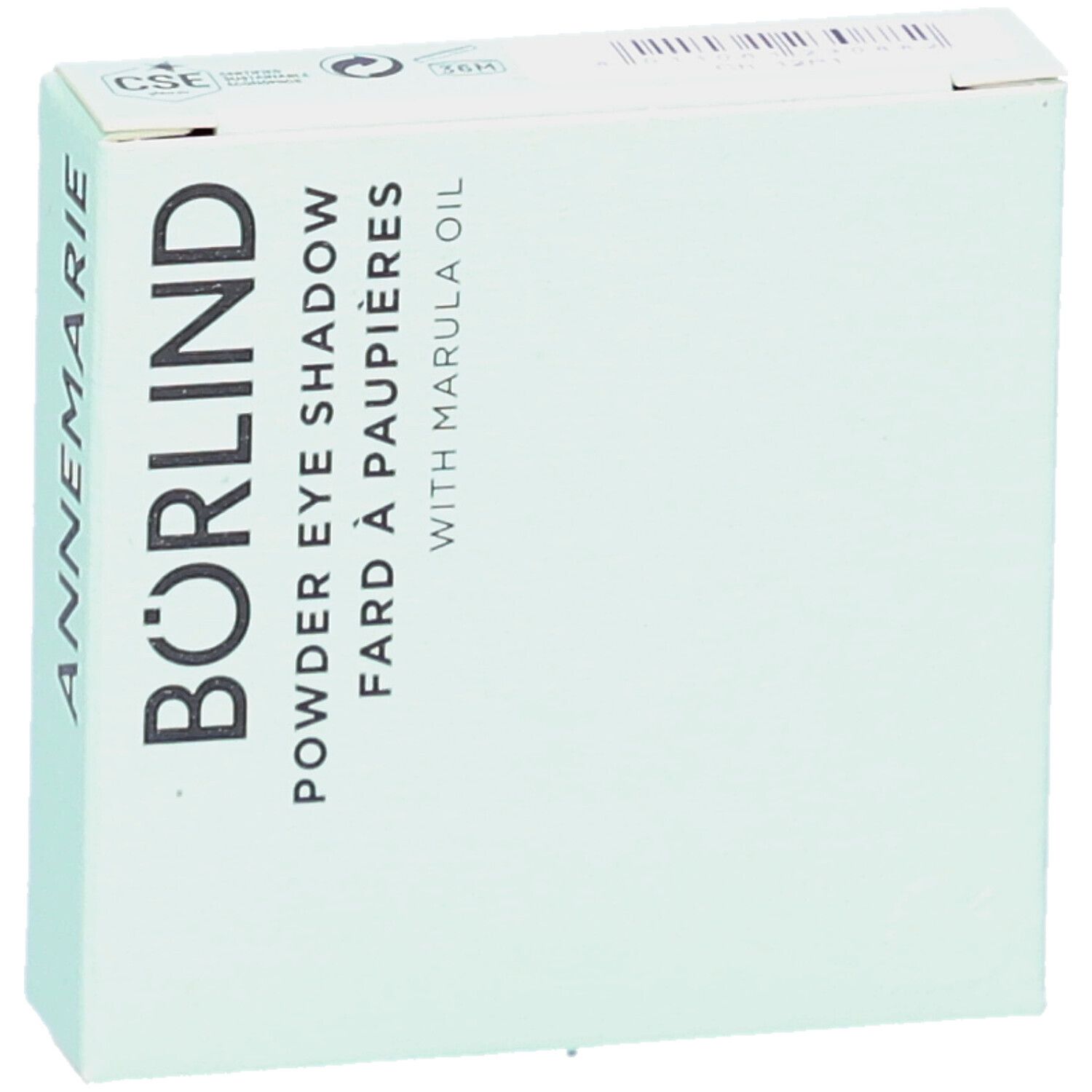 Hellgrüne Verpackung mit Schriftzug ANNEMARIE BÖRLIND. Produktbezeichnung: Powder Eye Shadow. Mit Marula Oil. Eckige Form.