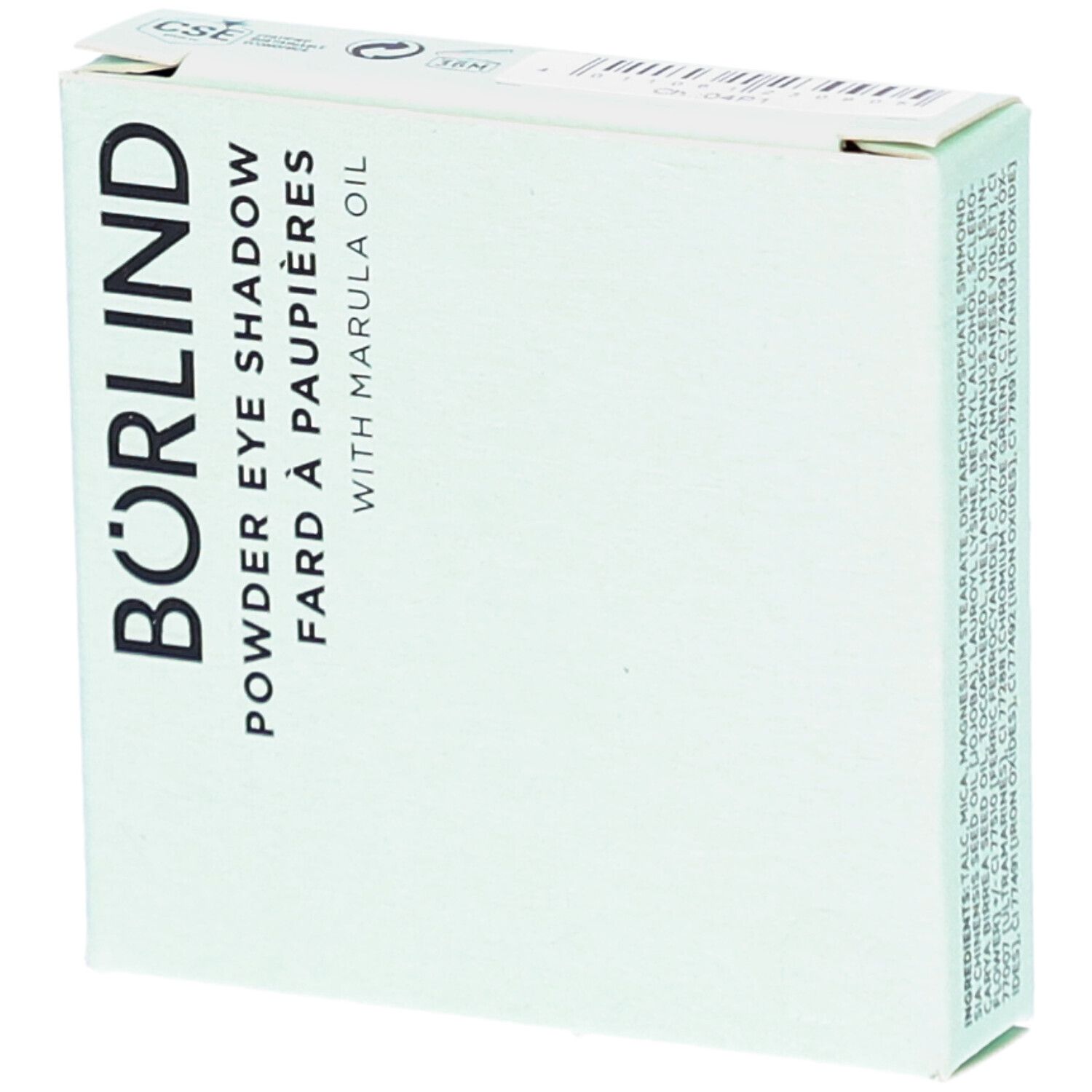 Hellgrüne Verpackung. Schriftzug BÖRIND, Puderlidschatten, Fard à paupières, with Marula Oil. Oben links Logo.