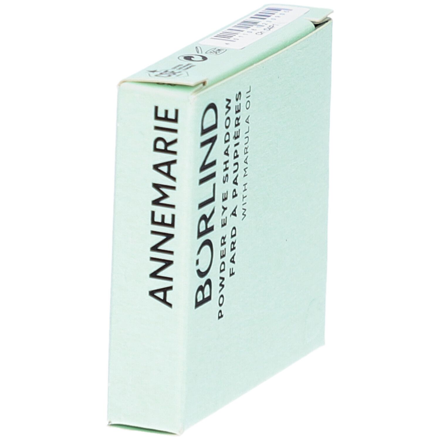 Hellgrüne Verpackung. Schriftzug ANNEMARIE BÖRLIND, Puderlidschatten, Fard à paupières, with Marula Oil. Schräg.
