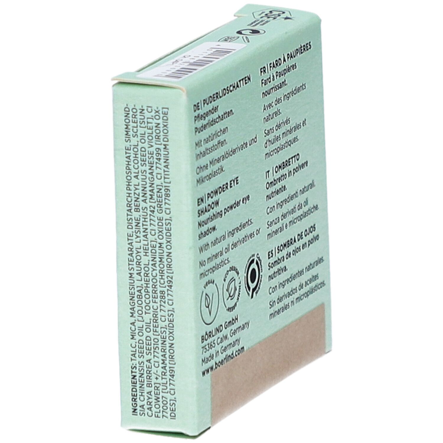 Verpackung schräg. Rückseite mit Text in Deutsch, Englisch, Französisch, Italienisch und Spanisch. Inhaltsstoffe.