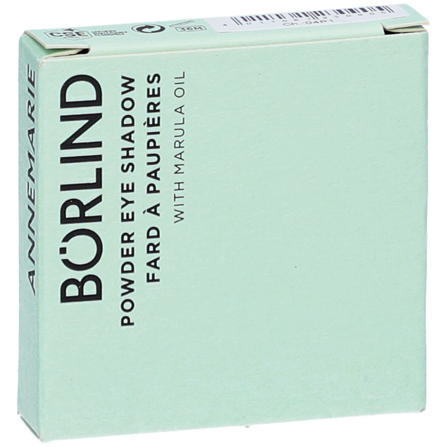 Hellgrüne Verpackung. Schriftzug ANNEMARIE BÖRLIND, Puderlidschatten, Fard à paupières, with Marula Oil. Draufsicht.