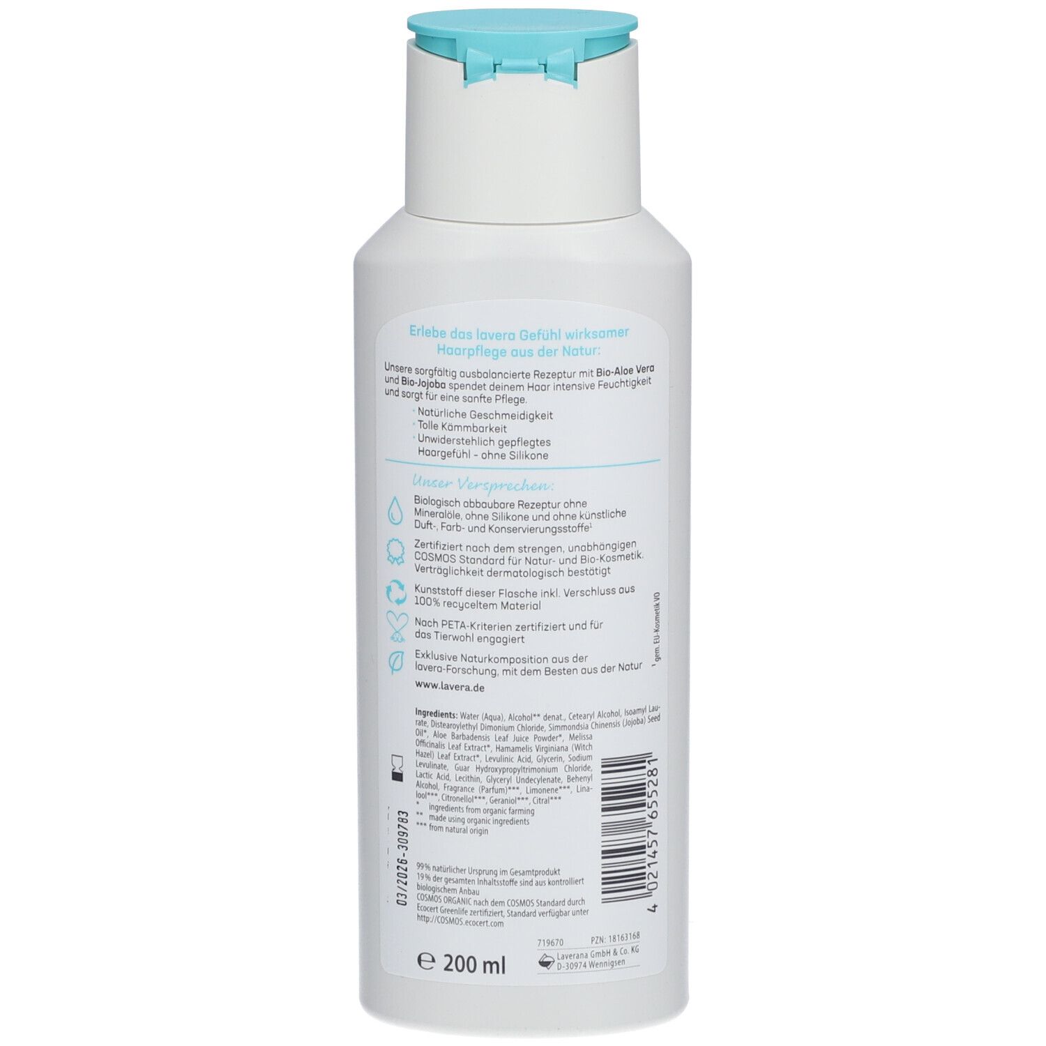 Dos du flacon. Texte: ingrédients, certification bio, vegan. Code-barres et indication de volume.