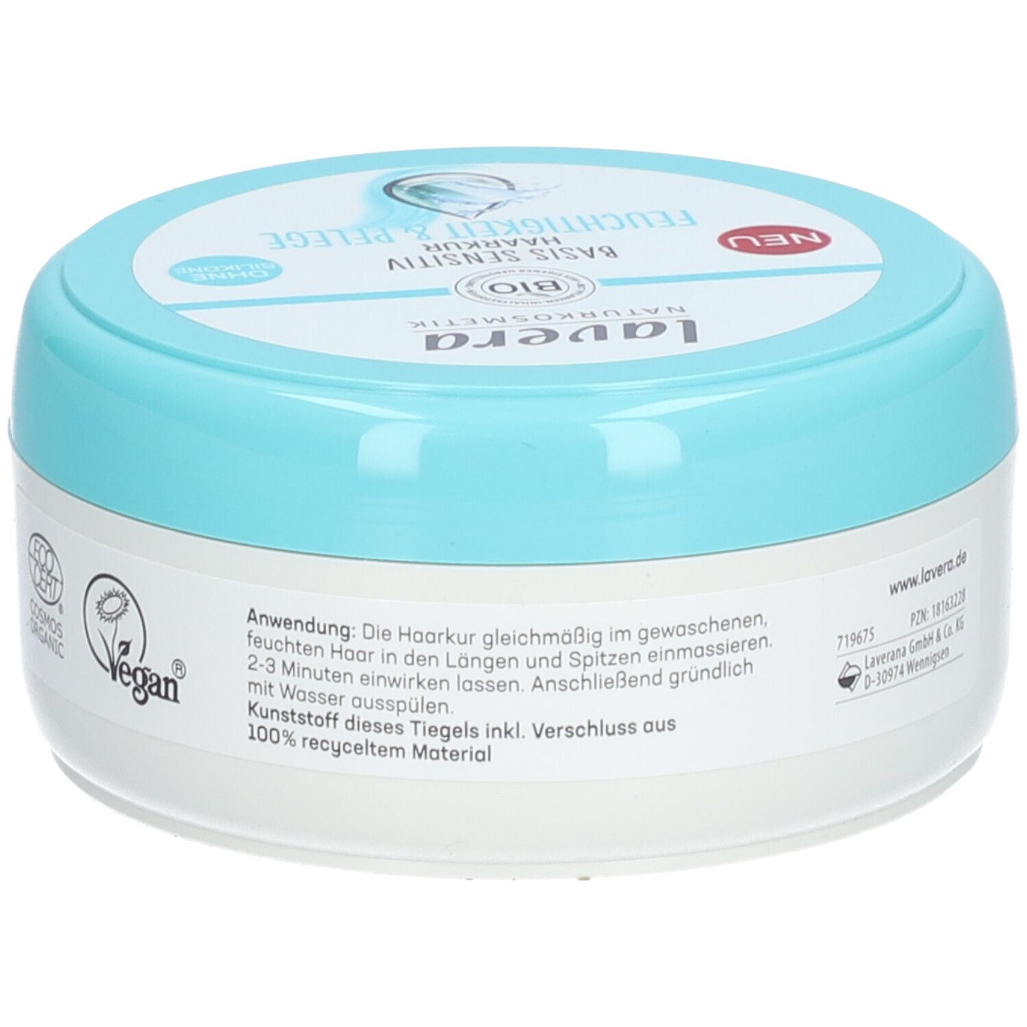 Runde Dose mit blauem Deckel. Aufschrift: lavera, Basis Sensitiv Haarkur Feuchtigkeit & Pflege. Vegan-Siegel. Text auf der Rückseite.