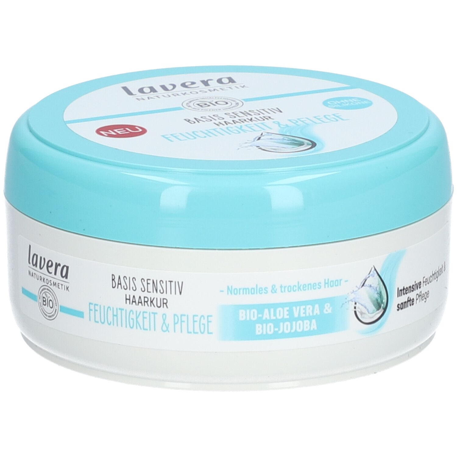 Runde Dose mit blauem Deckel. Aufschrift: lavera, Basis Sensitiv Haarkur Feuchtigkeit & Pflege. BIO-Aloe Vera & BIO-Jojoba. Neu-Siegel.