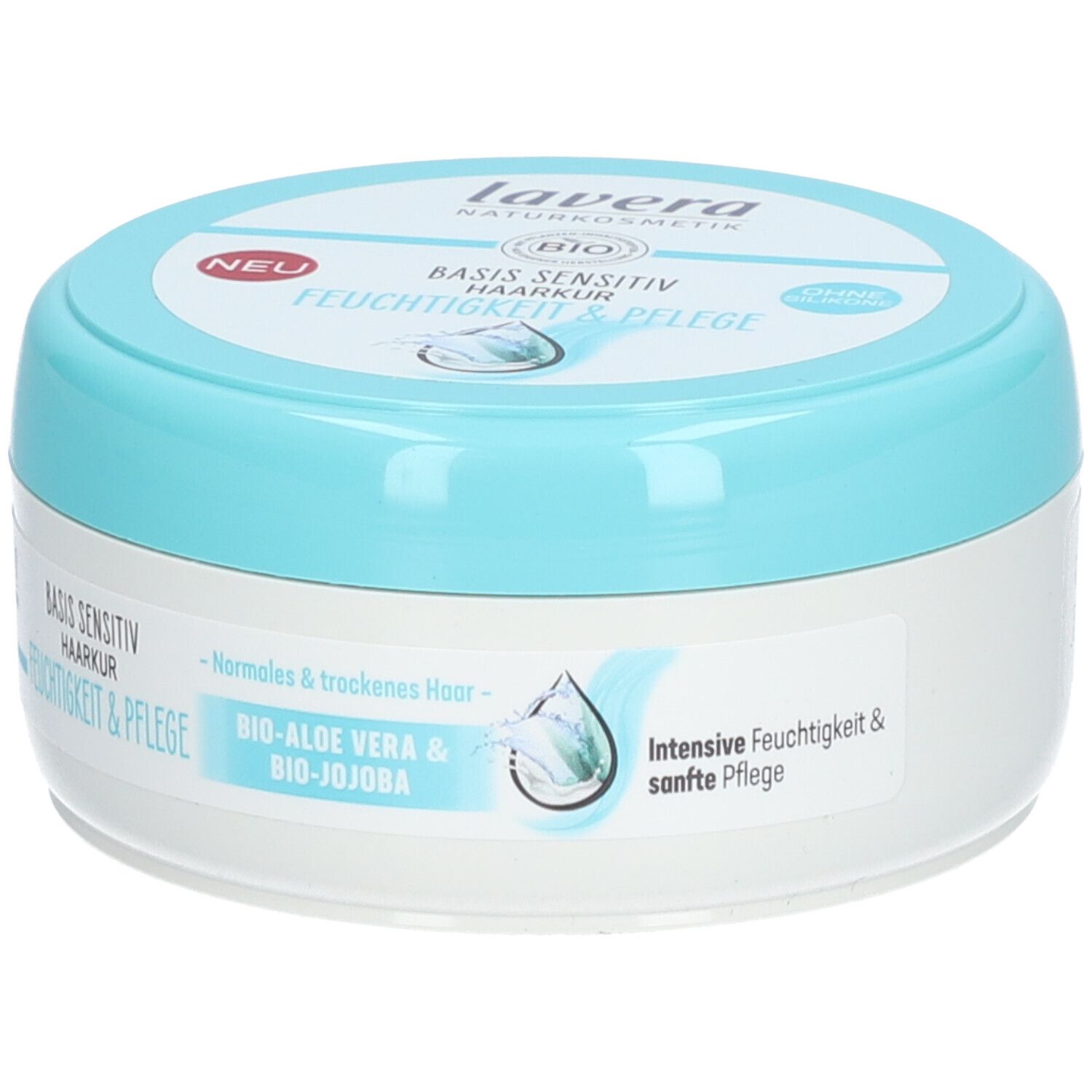 Runde Dose mit blauem Deckel. Aufschrift: lavera, Basis Sensitiv Haarkur Feuchtigkeit & Pflege. BIO-Aloe Vera & BIO-Jojoba. Neu-Siegel.