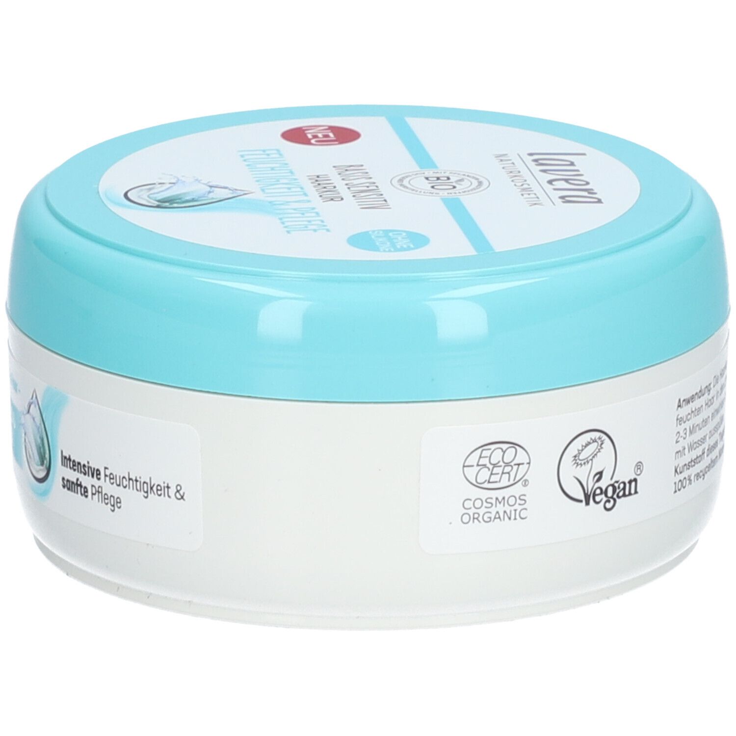 Runde Dose mit blauem Deckel. Aufschrift: lavera, Basis Sensitiv Haarkur Feuchtigkeit & Pflege. Vegan-Siegel. Cosmos Organic-Siegel.