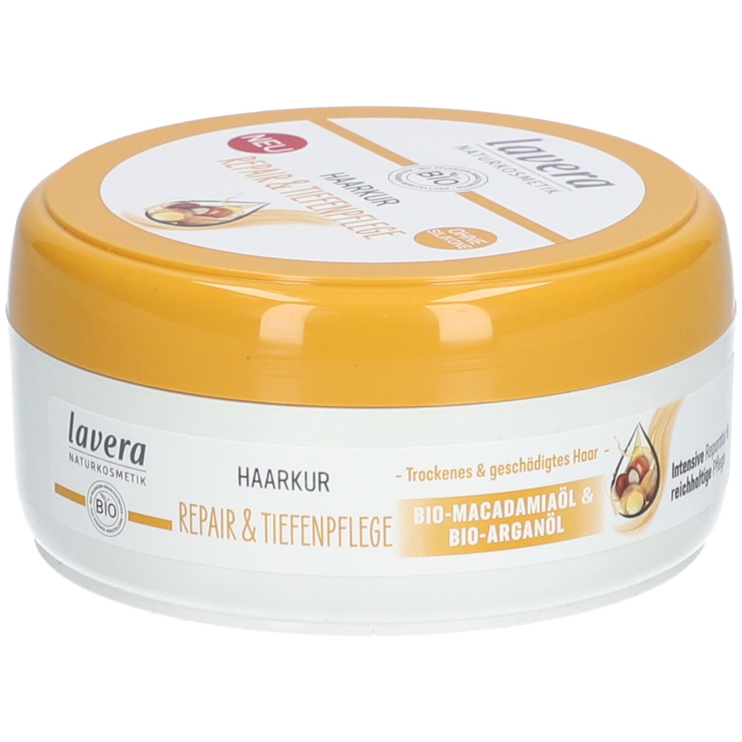 Pot de soin capillaire avec couvercle jaune. Inscription : lavera, Haarkur Repair & Tiefenpflege. Contient de l'huile de macadamia bio et de l'huile d'argan bio.