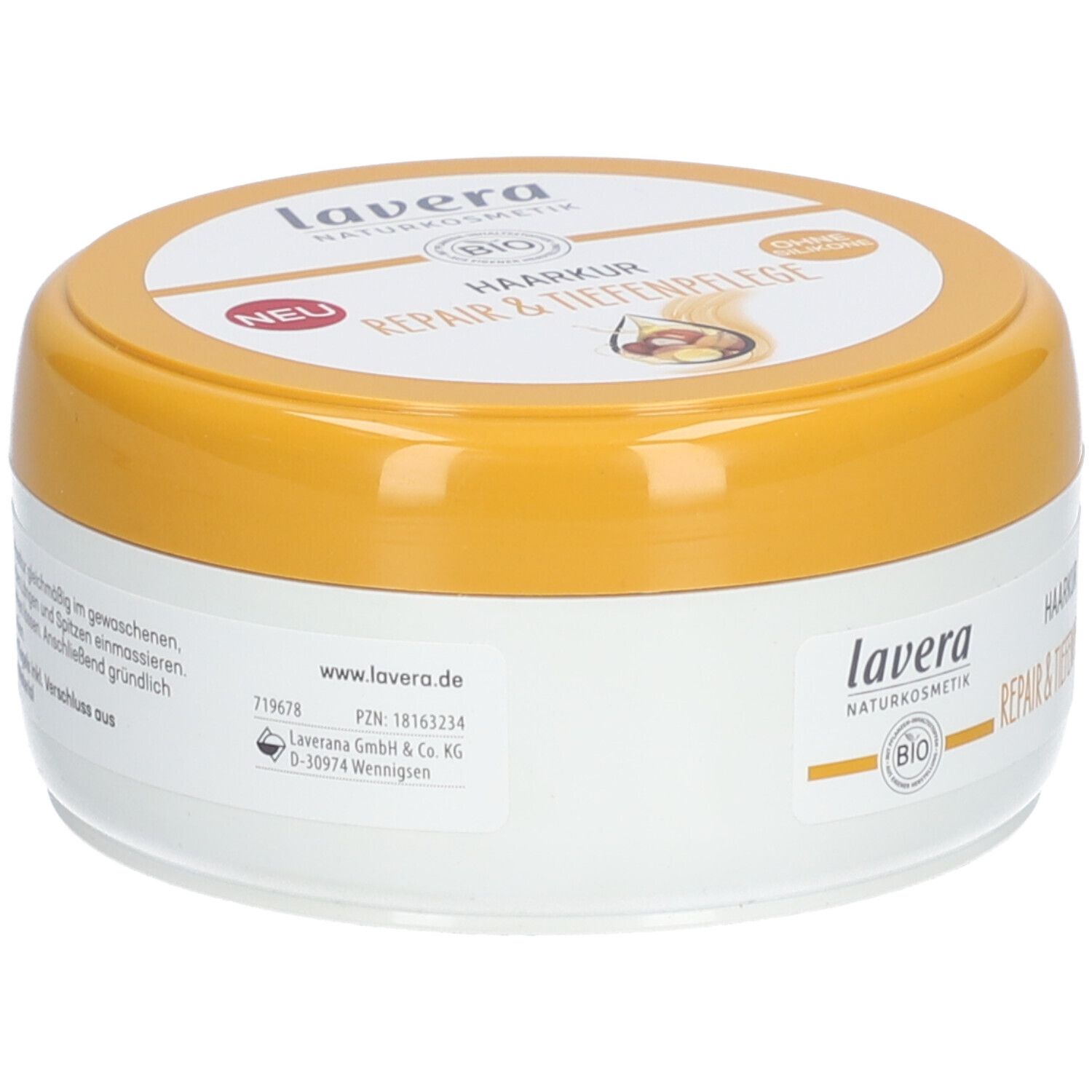 Pot de soin capillaire avec couvercle jaune. Inscription : lavera. Dos avec informations et code-barres. Adresse du fabricant.