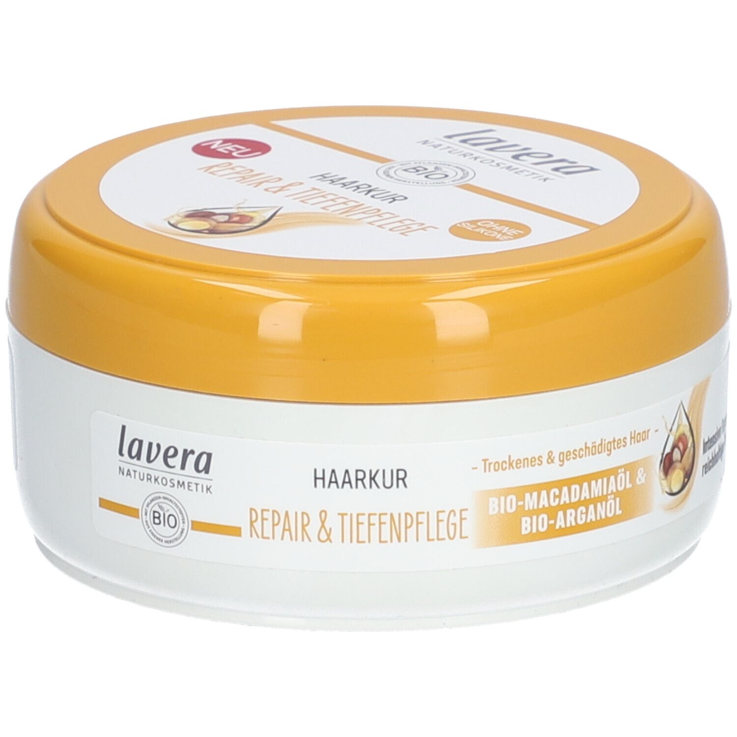 Pot de soin capillaire avec couvercle jaune. Inscription : lavera, Haarkur Repair & Tiefenpflege. Contient de l'huile de macadamia bio et de l'huile d'argan bio.