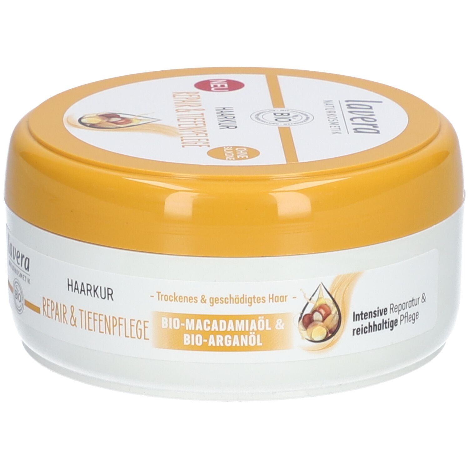Pot de soin capillaire avec couvercle jaune. Inscription : lavera, Haarkur Repair & Tiefenpflege. Contient de l'huile de macadamia bio et de l'huile d'argan bio.