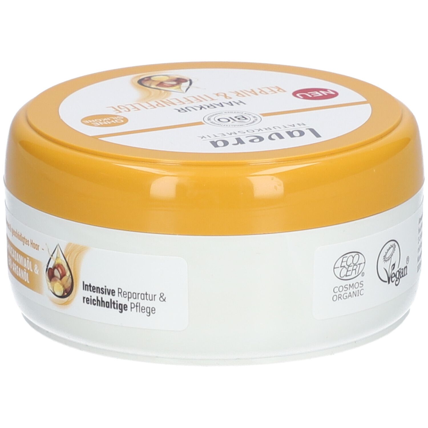 Pot de soin capillaire avec couvercle jaune. Inscription : lavera, Haarkur Repair & Tiefenpflege. Label Vegan, certification Cosmos Organic.