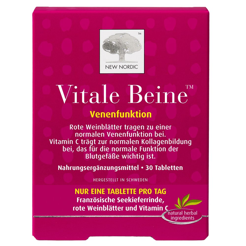 Vitale Beine™ Venenfunktion. Boîte rouge avec nom et logo du produit. Contient 30 comprimés. "Natural herbal ingredients".